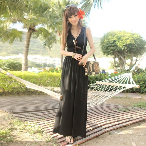 bohem tarzı siyah uzun elbise