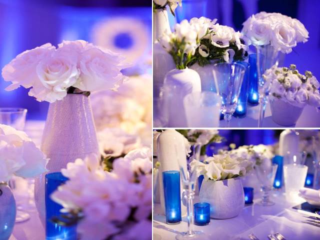 mavi beyaz düğün masaları