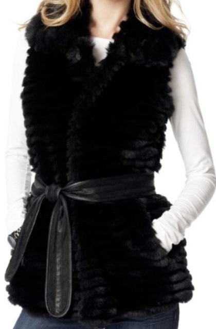 siyah belden kemerli kürk yelek