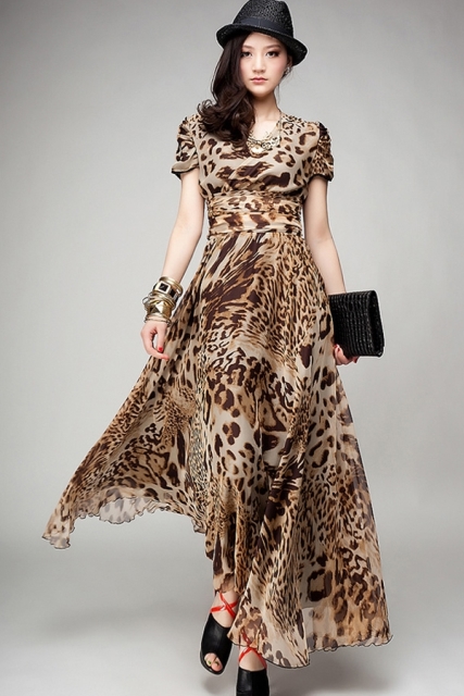 leopar desenli uzun elbise