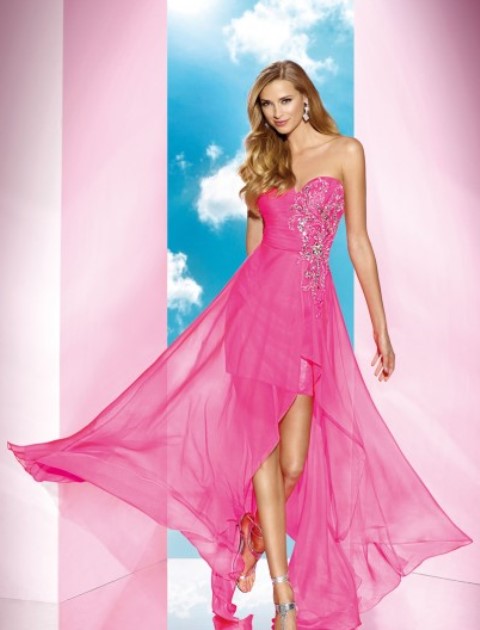 pembe streplez arkası uzun balo elbise modeli