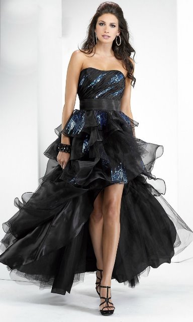 arkası uzun önü kısa abiye elbise modeli - siyah tül abiye elbise modeli