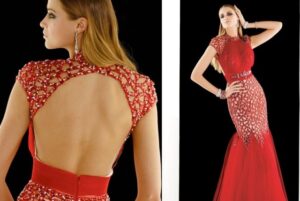 kırmızı sırt dekolteli abiye elbise