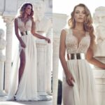 yırtmaçlı beyaz uzun abiye elbise