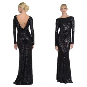 siyah uzun kollu sırt dekolteli abiye elbise