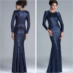 uzun kollu payetli abiye elbise
