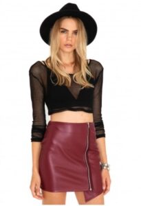 bordo mini deri kalem etek